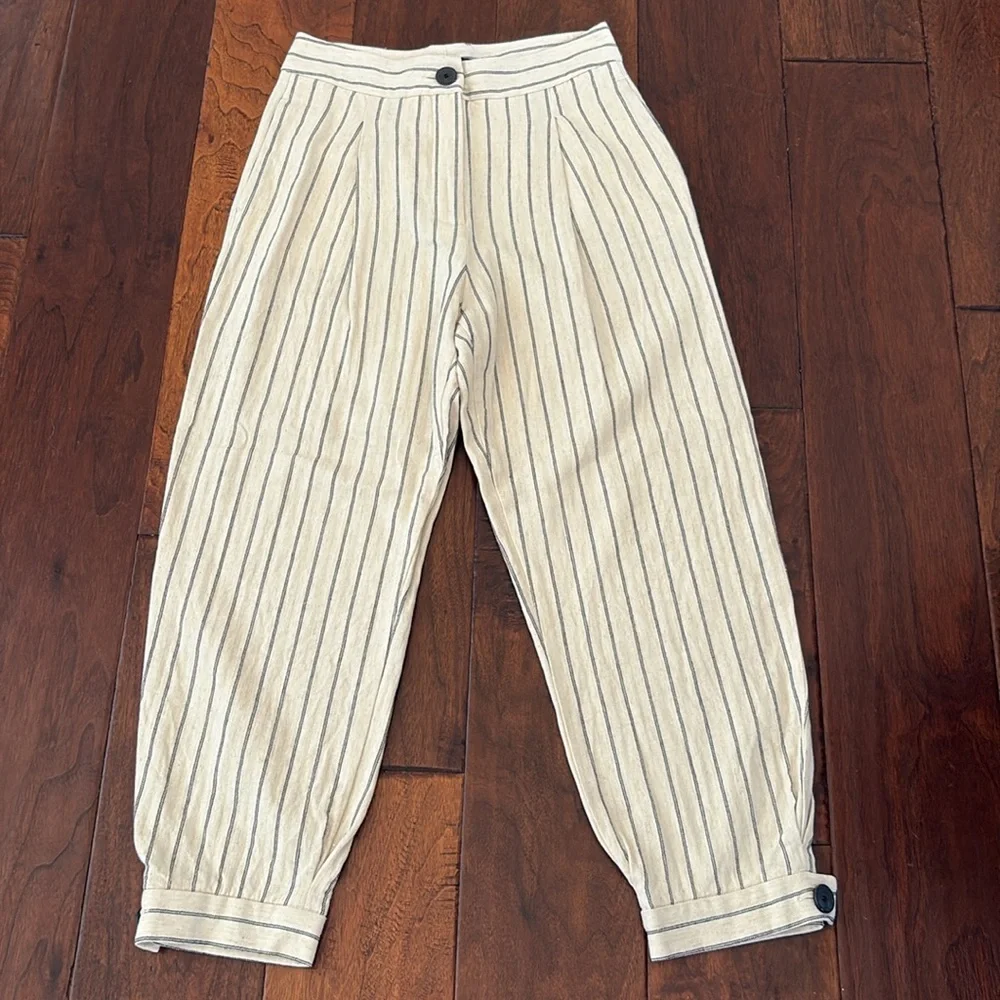 Zara Linen Striped Cream and Black Pants size S